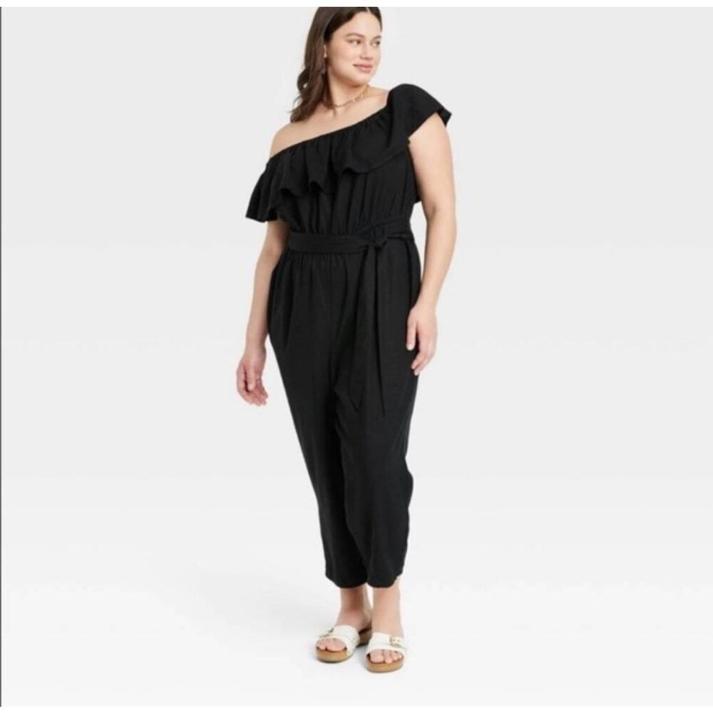 Ava & Viv Women's Plus Size Ruffle Short Sleeve Jumpsuit Black Boho - Picture 3 of 13